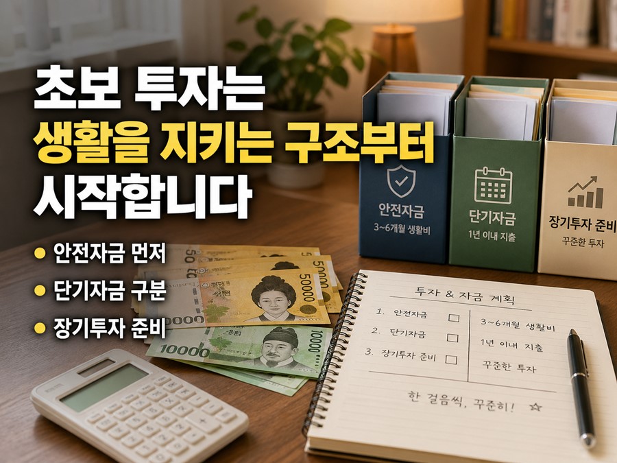 초보 투자자가 안전자금, 단기자금, 장기투자금을 구분해 투자 전 기본 구조를 만드는 방법을 보여주는 체크리스트형 이미지입니다.