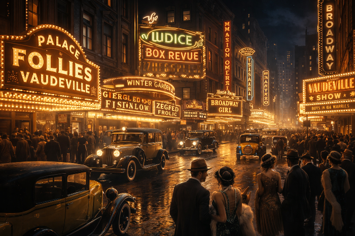 1920년대 브로드웨이 거리의 화려한 네온사인과 보드빌 공연장 전경