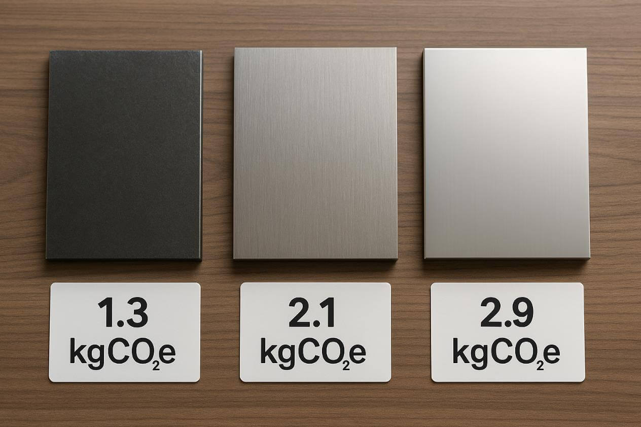 세 가지 금속판과 각각의 탄소배출량 수치가 표시된 모습.