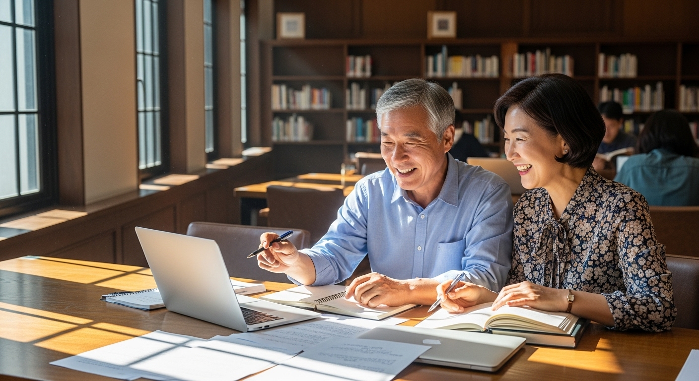 도서관에서 함께 학습하며 자료를 검토하는 60대 남녀