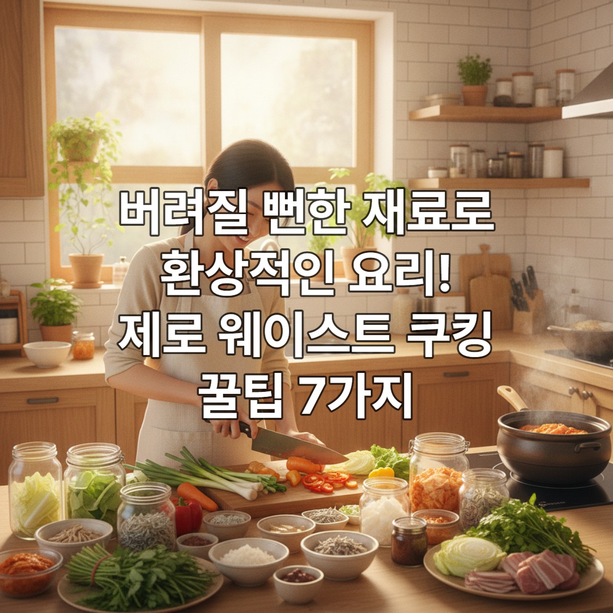 밝은 주방에서 한국인 여성이 채소 자투리를 활용해 요리하며 환하게 웃는 모습