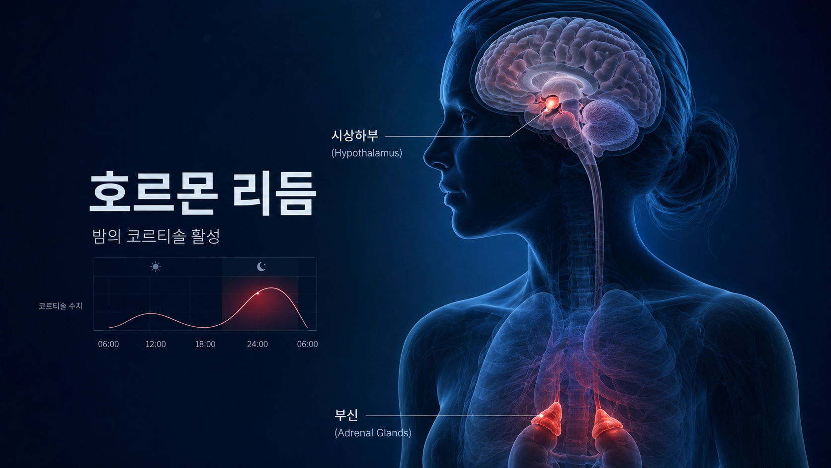 생체리듬과 시상하부, 부신의 코르티솔 분비 과정을 설명하는 의학 일러스트