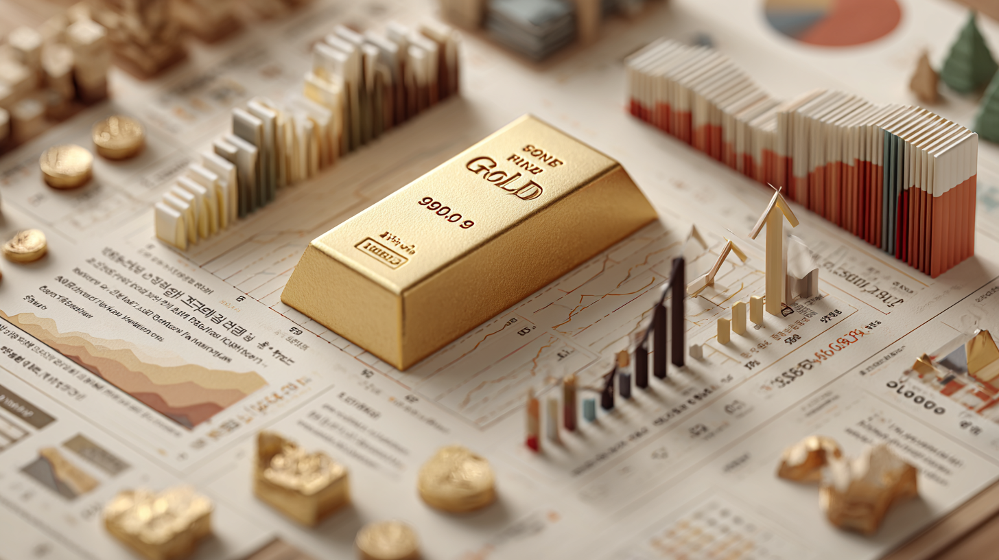 한국 스타일의 금값 하락 인포그래픽, 하락 화살표와 금괴 일러스트