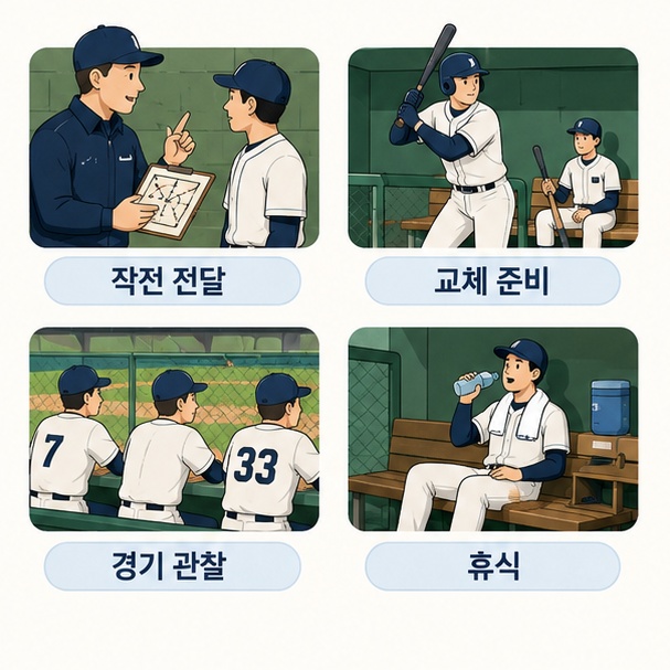 덕아웃에서 감독이 작전을 전달하고 교체 선수가 출전을 준비하며 선수들이 경기를 지켜보는 모습을 보여주는 그림
