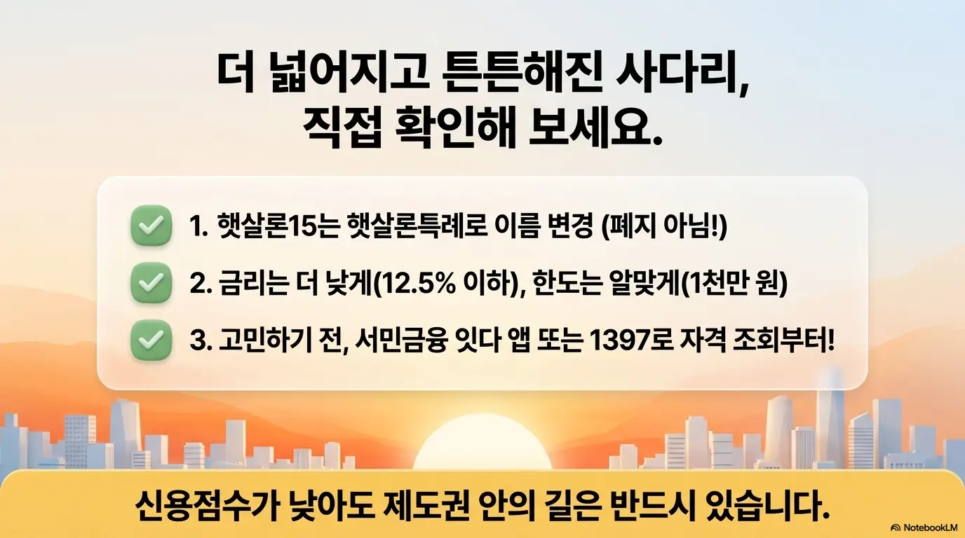 햇살론특례 자격: 햇살론15는 햇살론특례로 이름 변경&amp;#44; 금리는 12.5퍼센트 이하 한도는 1천만 원&amp;#44; 서민금융 잇다 앱이나 1397로 자격 조회라는 세 가지 핵심을 정리한 이미지. 이 이미지는 신용점수가 낮아도 제도권 안의 길은 반드시 있다는 메시지를 시각적으로 전달하며&amp;#44; 블로그의 햇살론15 햇살론특례 핵심 정리와 관련된 내용을 설명함