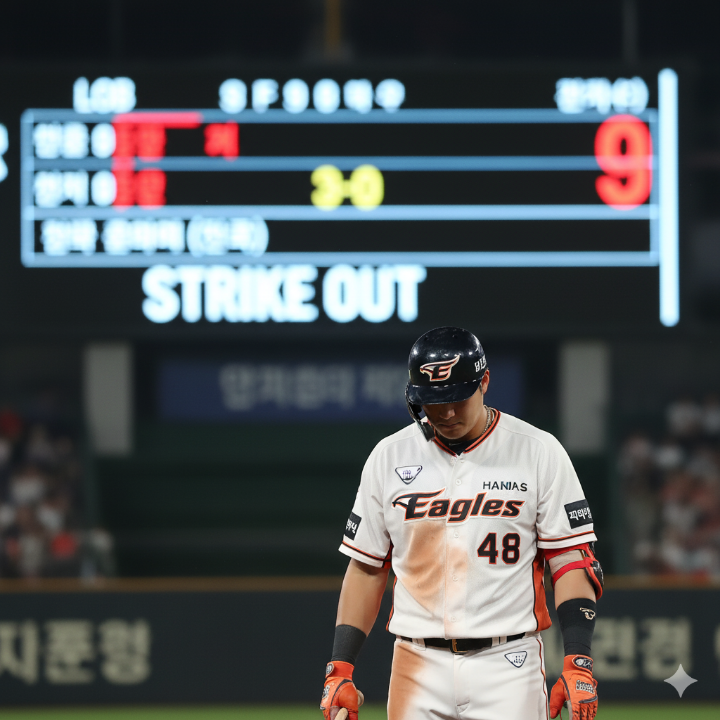 경기장 전광판에 '잔루'가 많이 표시된 장면 또는 한화 타자가 삼진 당하는 모습