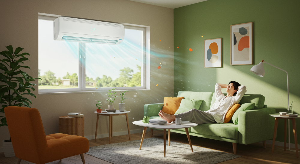2025년 여름, 창문형 에어컨이 설치된 미니멀하고 아늑한 방에서 시원하게 휴식을 취하는 사람의 모습.