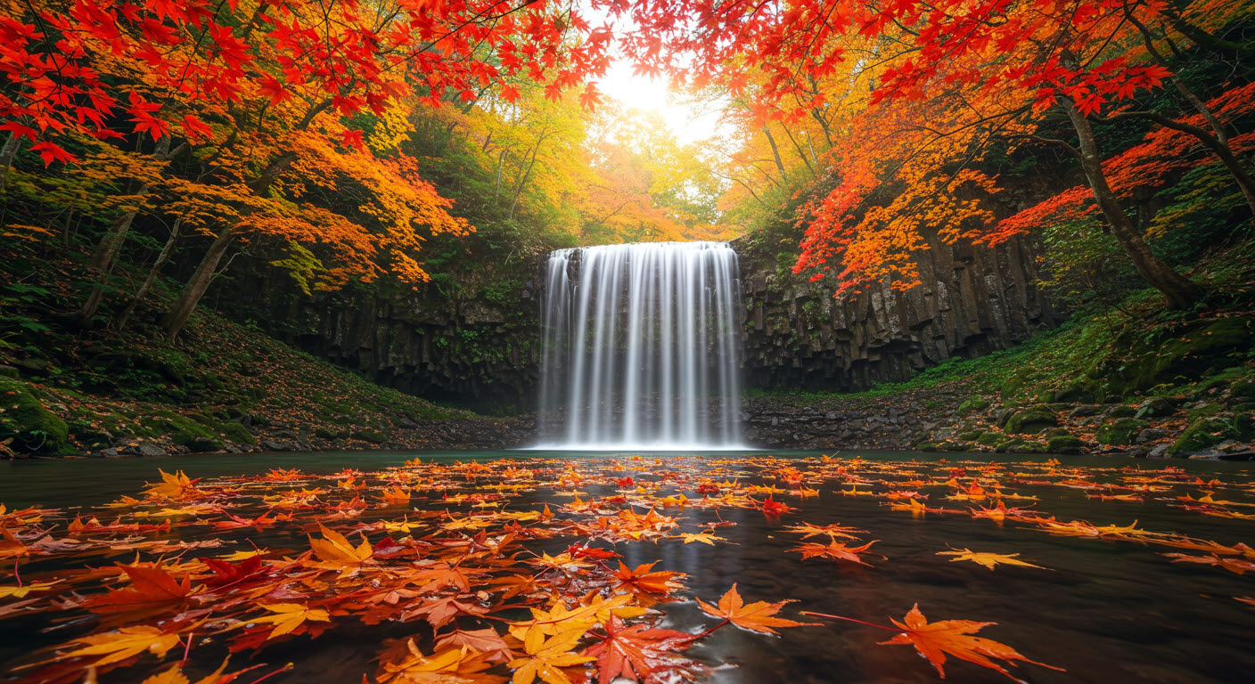 단풍나무 사이로 떨어지는 폭포수와 단풍잎이 떠있는 모습