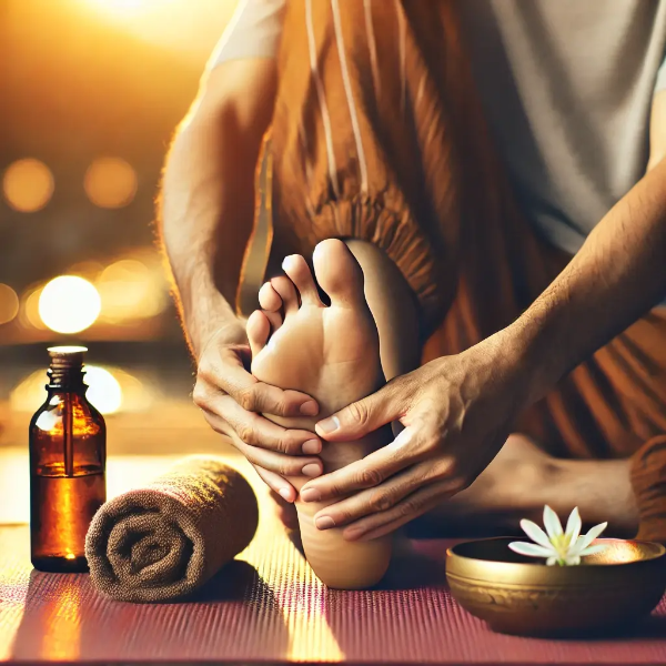 발바닥을 지압하며 손발 저림을 완화하는 마사지 장면 – 요가매트 위 자연광 환경