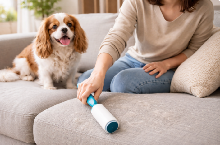 소파에 붙은 반려동물 털을 롤러로 청소하는 모습