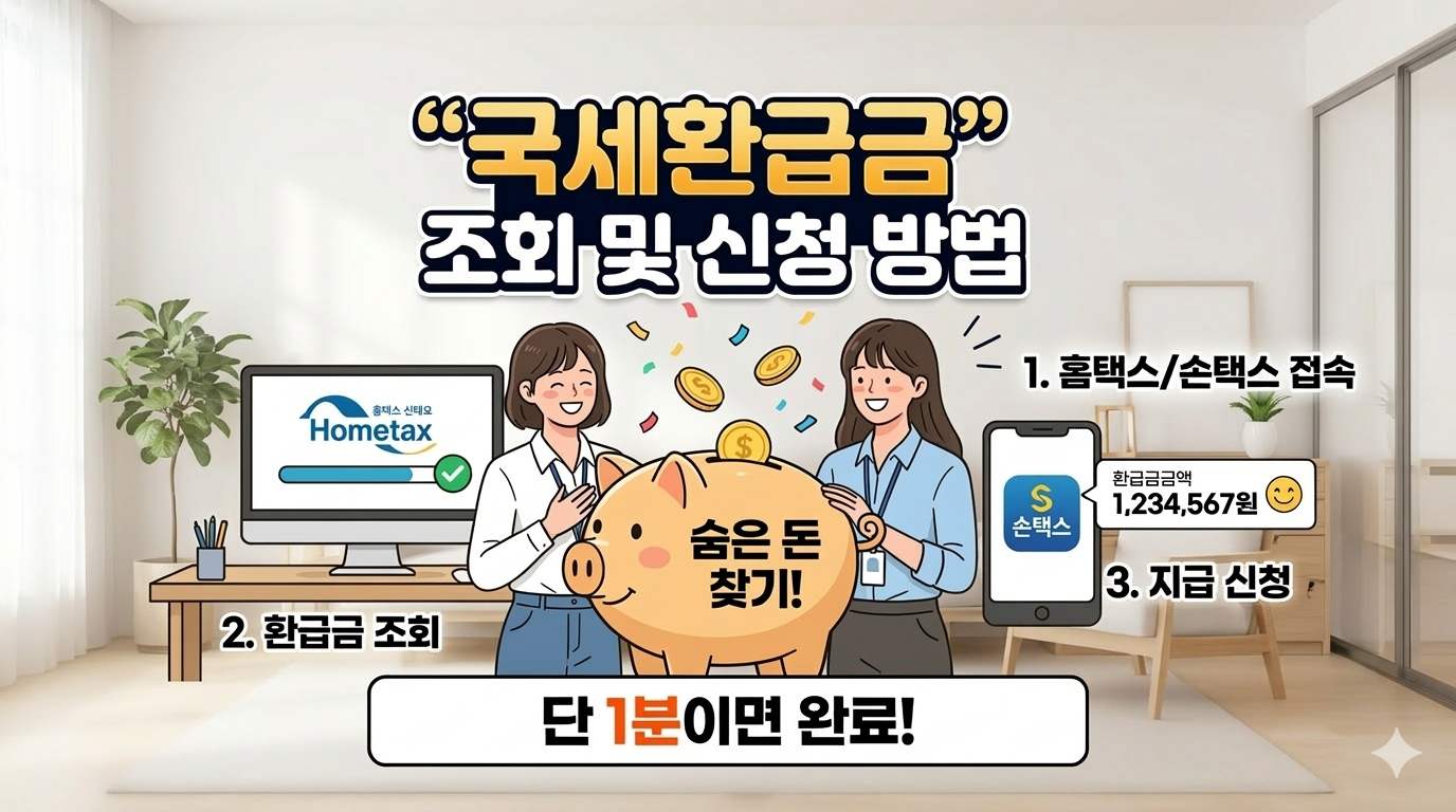 국세환급금 조회 및 신청 방법을 안내하는 인포그래픽 썸네일. 홈택스 컴퓨터 화면, 손택스 스마트폰 앱, 돼지 저금통과 동전 일러스트가 포함되어 있으며 '단 1분이면 완료'라는 문구가 적힌 이미지.