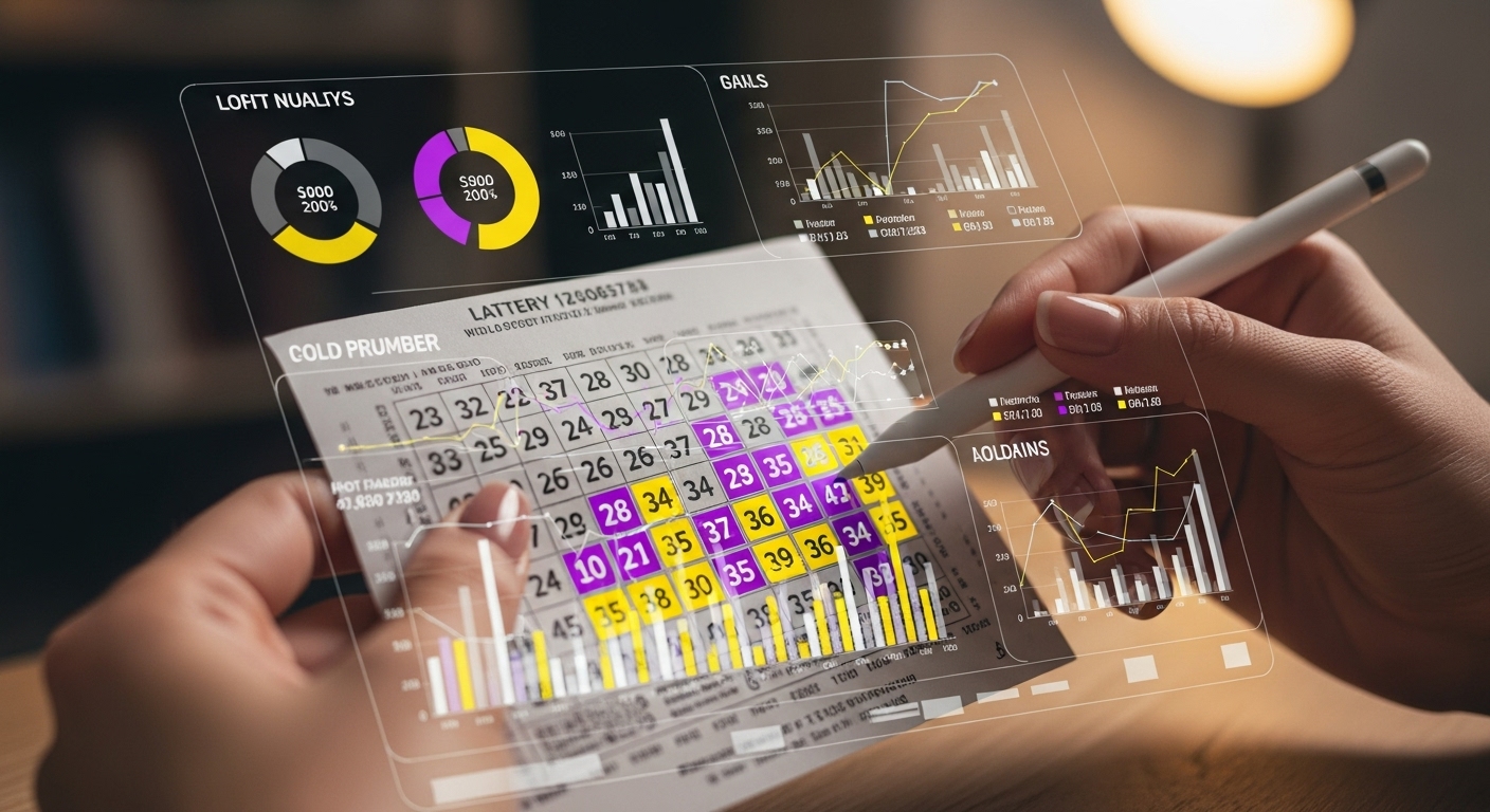 로또 당첨 번호를 분석하는 손과 통계 그래프가 디지털 오버레이로 표시된 로또 용지 클로즈업. 데이터 분석의 중요성을 강조합니다.