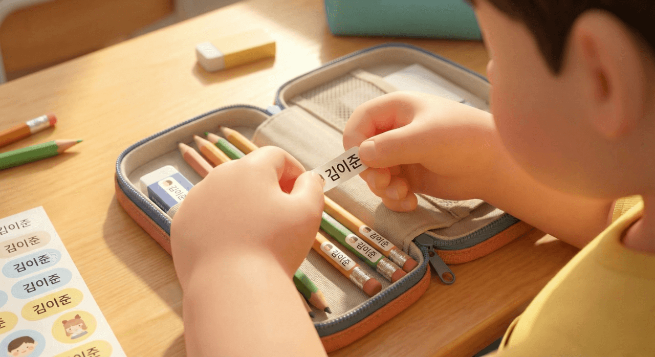 아이가 자신의 연필과 지우개에 네임 스티커를 붙이고 필통에 가지런히 정리하고 있는 손 클로즈업