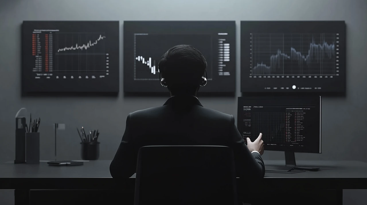 현대적인 사무실에서 S&P500 ETF 전략을 논의하는 투자자의 모습, 디지털 화면에 금융 그래프가 나타나 있으며 따뜻한 조명과 고해상도의 디테일을 보여줌