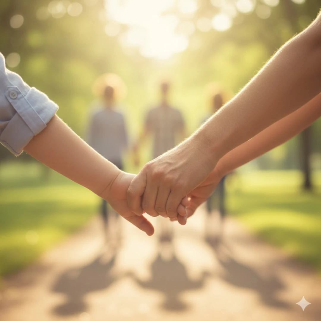 한 사람이 걸어가고 있고&amp;#44; 그 사람의 손을 따뜻하고 부드럽게 잡아주는 여러 손길들이 표현되어 있습니다. 손길들은 다양한 연령과 성별을 상징할 수 있으며&amp;#44; 이 손길들이 한 사람의 여정을 안정적으로 돕는 느낌을 줍니다. 전체적으로 온화하고 포근한 색감을 사용하여 유대감과 지원의 의미를 강조합니다. 