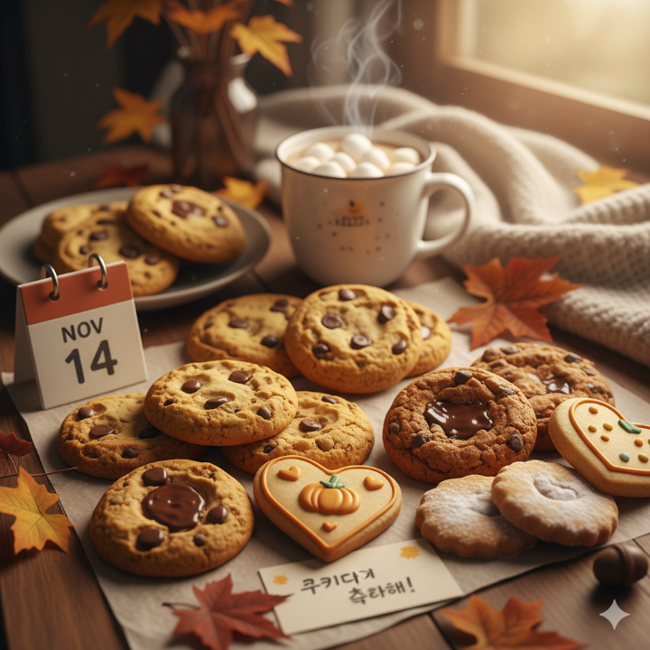 11월 14일을 알리는 듯한 따뜻한 색감의 수제 쿠키 사진