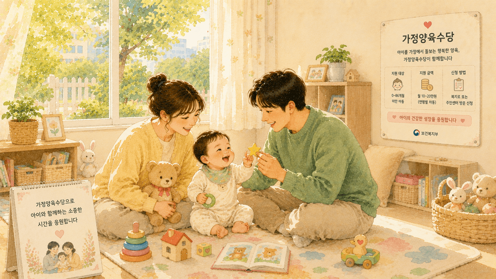 부모가 아이와 놀아주며 양육하면 가정 양육수당을 밭을수 있다는 이미지