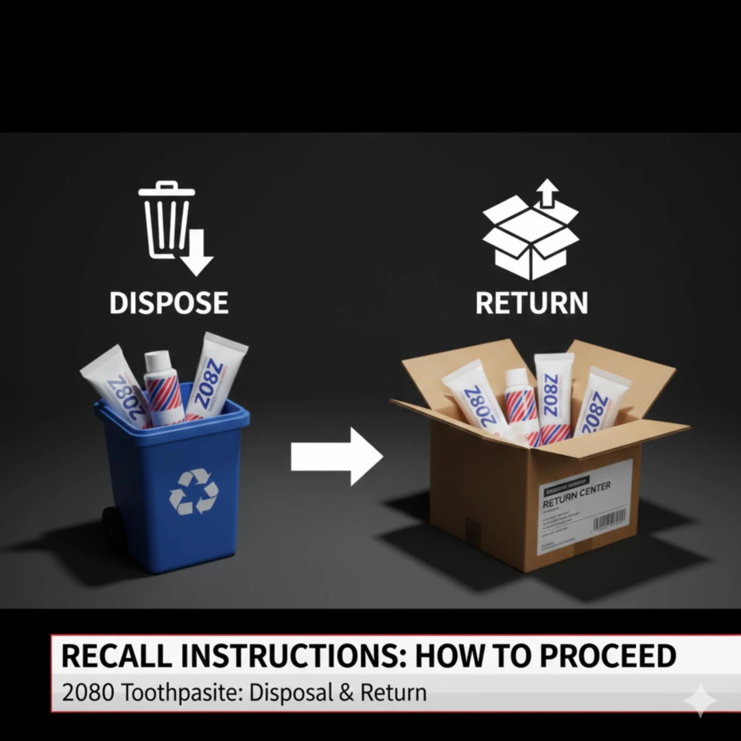 폐기된 치약들이 분리수거함에 버려져 있거나, 지정된 반환처로 향하는 택배 상자에 담겨 있는 모습을 그립니다. '폐기', '반환' 등의 간단한 아이콘과 화살표를 사용하여 절차를 시각적으로 쉽게 이해할 수 있도록 구성합니다.