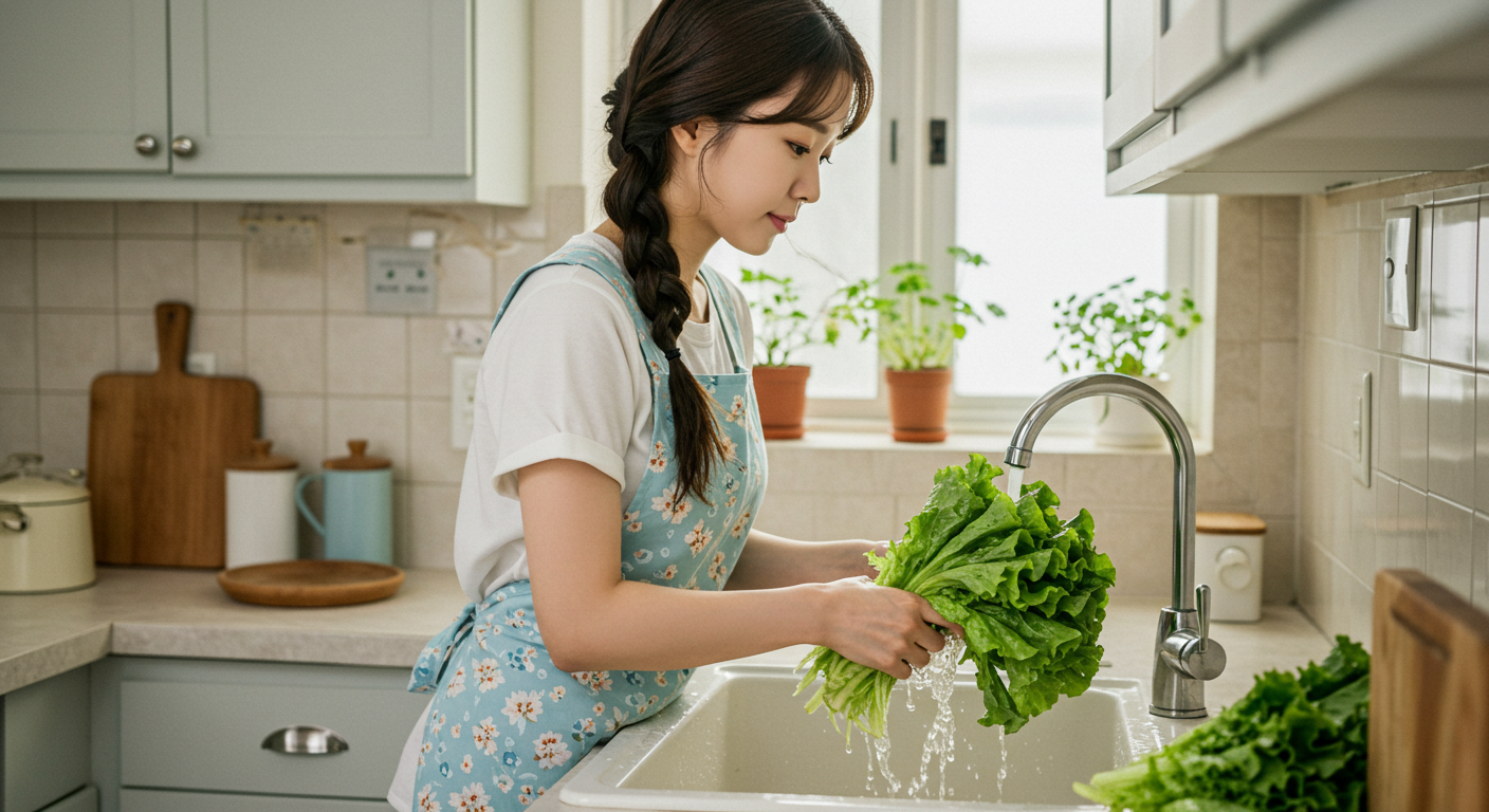 상추는 흐르는 물에 3번 이상 문질러 씻는 게 기본, 식초나 베이킹소다를 탄 물에 잠깐 담갔다가 헹구는 방법도 좋다.