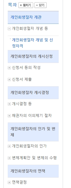 웹사이트 좌측의 상세 목차 메뉴