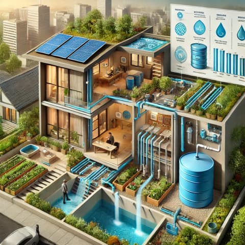 A rooftop setup with gutters and pipes directing rainwater into a storage tank
A cutaway diagram showing a building&rsquo;s rainwater collection, filtration, and reuse system
A small-scale rain barrel system in a residential backyard
Engineers inspecting a large underground cistern connected to a landscaped area
