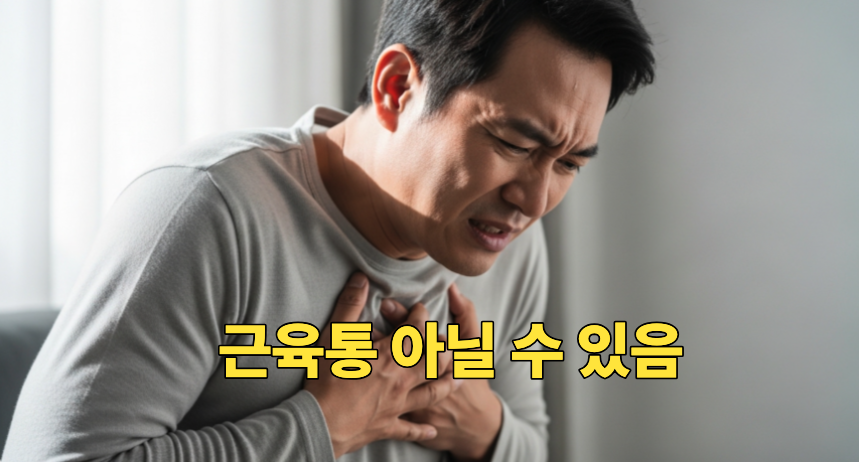 가슴을 쥐어짜는 듯한 통증으로 힘들어하는 중년 남성 모습