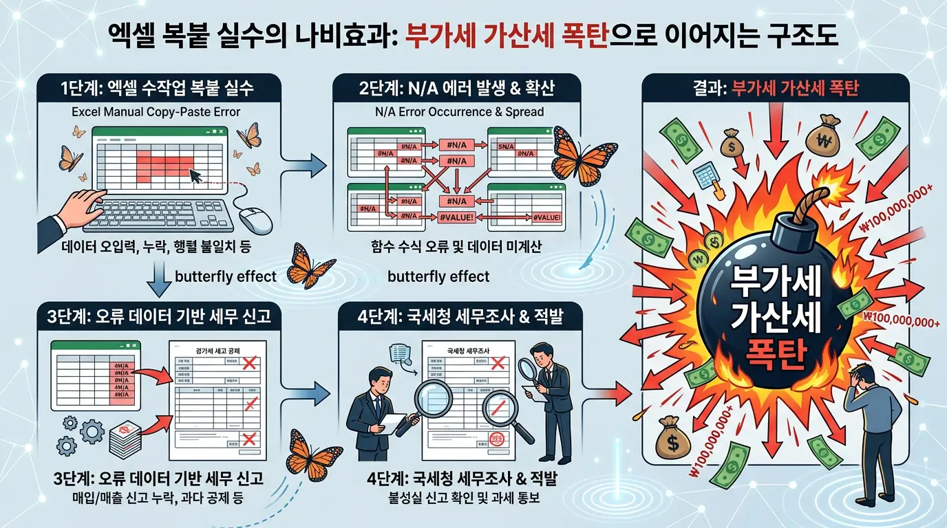 엑셀 수작업 복붙 실수로 인해 NA 에러가 발생하고, 이것이 나비효과가 되어 부가세 가산세 폭탄으로 이어지는 구조도
