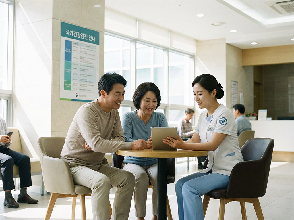 40대 후반의 한국 부부가 친절하게 웃고 있는 의료진(간호사)과 함께 태블릿 PC 화면을 보며 상담을 받고 있다