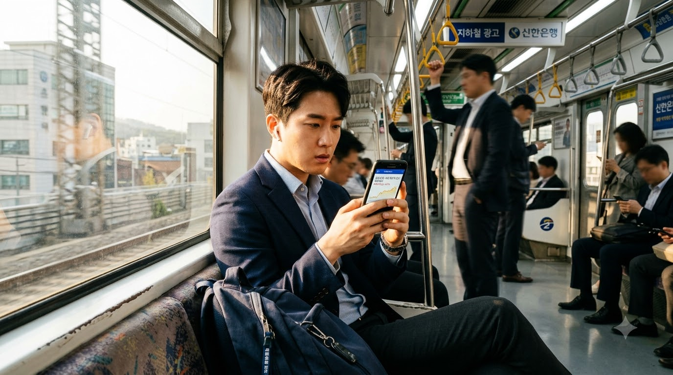 출근길 지하철에서 스마트폰으로 금값 상승 뉴스를 확인하는 모습, 아침 햇살이 비치는 사진풍 이미지