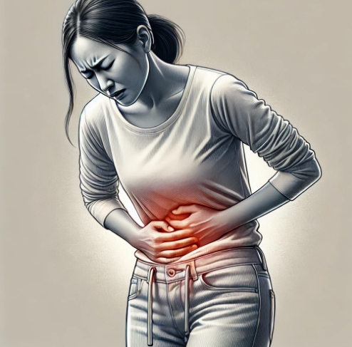 옆구리 통증을 느끼는 여자