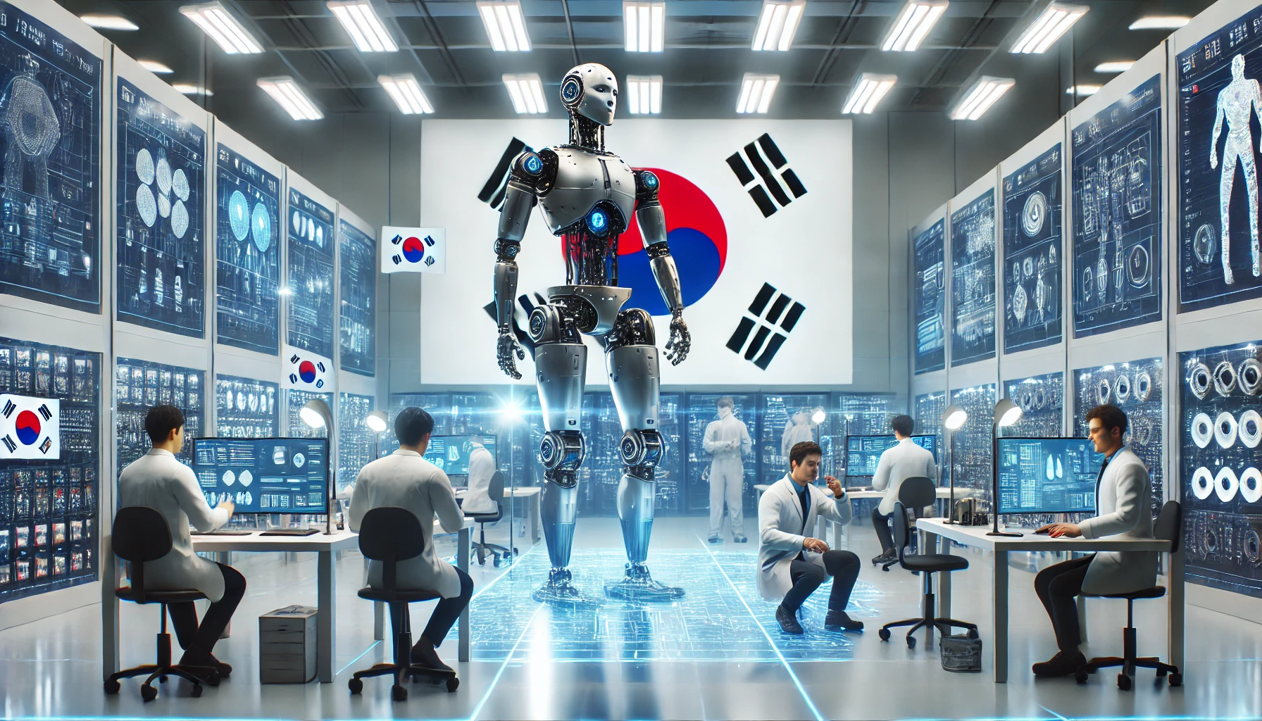한국 휴머노이드 로봇 연구소에서 기술자들이 로봇 시제품을 개발 중인 모습 AI이미지