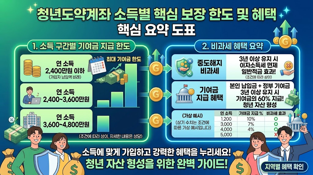 청년도약계좌 소득별 핵심 혜택 요약"이라는 제목이 상단에 들어간 깔끔한 금융 정보 도표 이미지입니다. 표는 '개인 소득(총급여)', '정부 기여금 지급 한도 및 매칭 비율', '비과세 혜택 여부' 등의 행과 열로 정돈되어 있습니다. 총급여 2,400만 원 이하, 3,600만 원 이하, 4,800만 원 이하, 6,000만 원 이하 등 구간별로 기여금 한도가 시각적으로 명확하게 구분되어 있으며, 우측 하단에는 신뢰감을 주는 푸른색 톤의 금융 안심 방패 아이콘이 배치되어 있습니다
