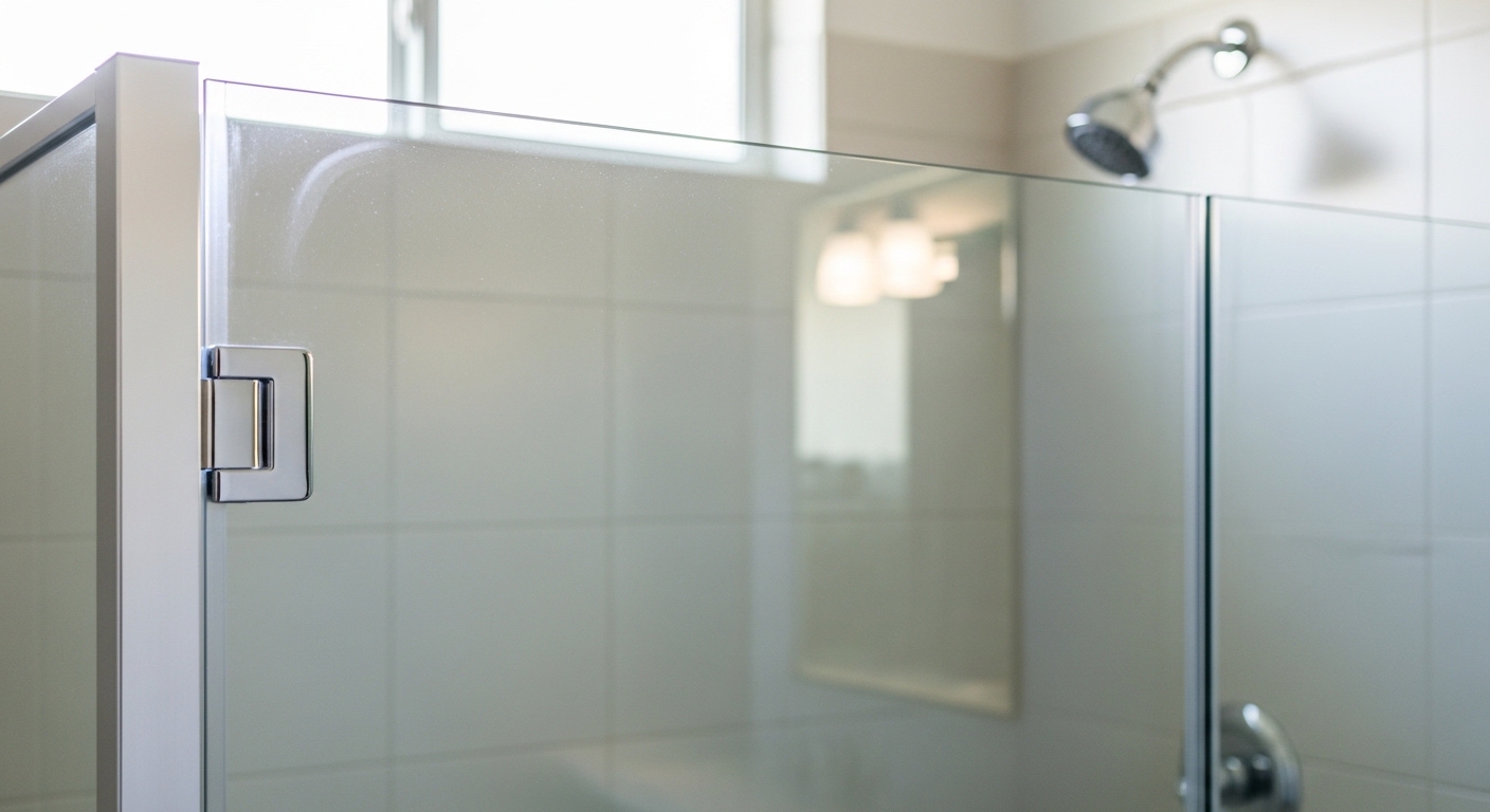 구연산수 팩을 활용해 샤워부스 유리의 하얀 찌든 물때를 완벽하게 제거한 모습