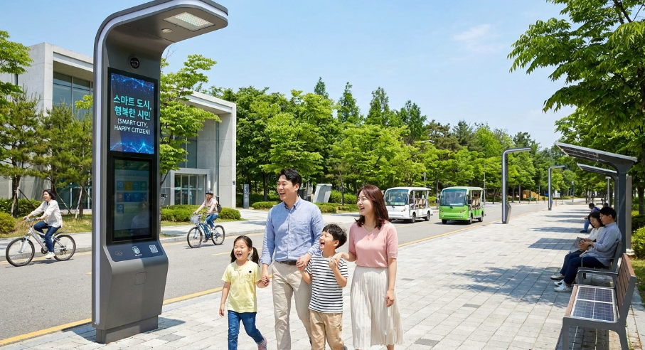 스마트 도시에서 행복하게 생활하는 가족