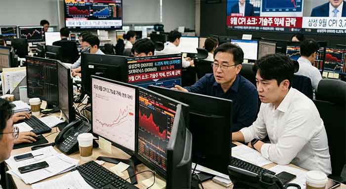 증권사 트레이딩룸에서 하락 차트를 분석 중인 트레이더들.