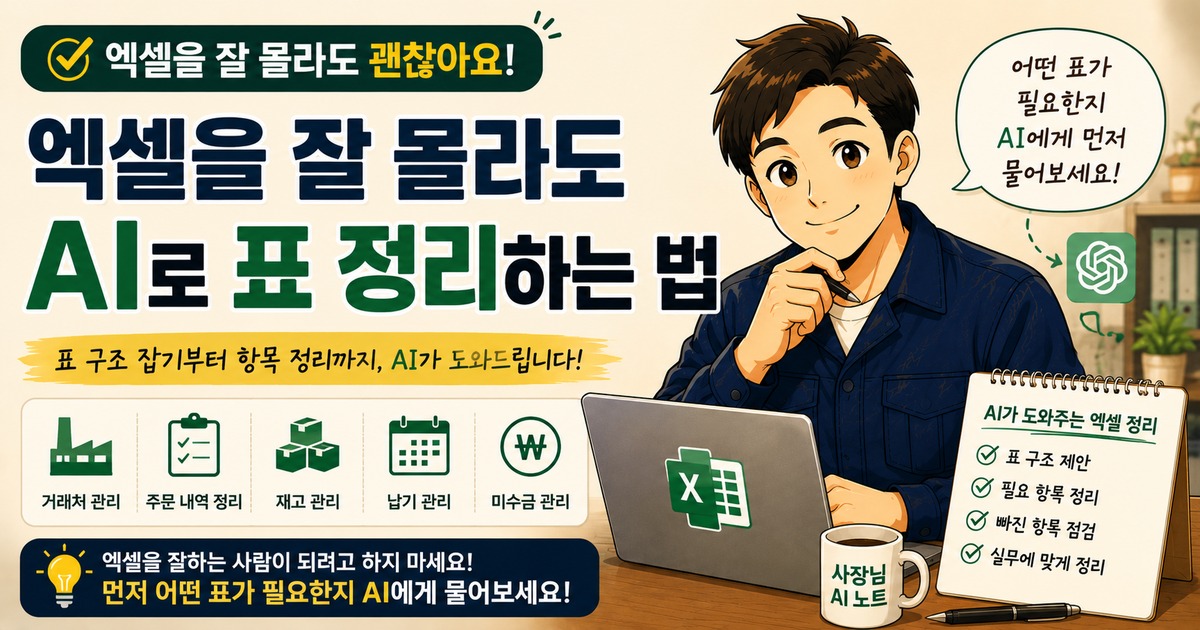 작은 제조업 사장님이 AI를 활용해 거래처 관리, 재고 관리, 납기표 같은 엑셀 표 구조와 필요한 항목을 정리하는 방법을 보여주는 블로그 썸네일