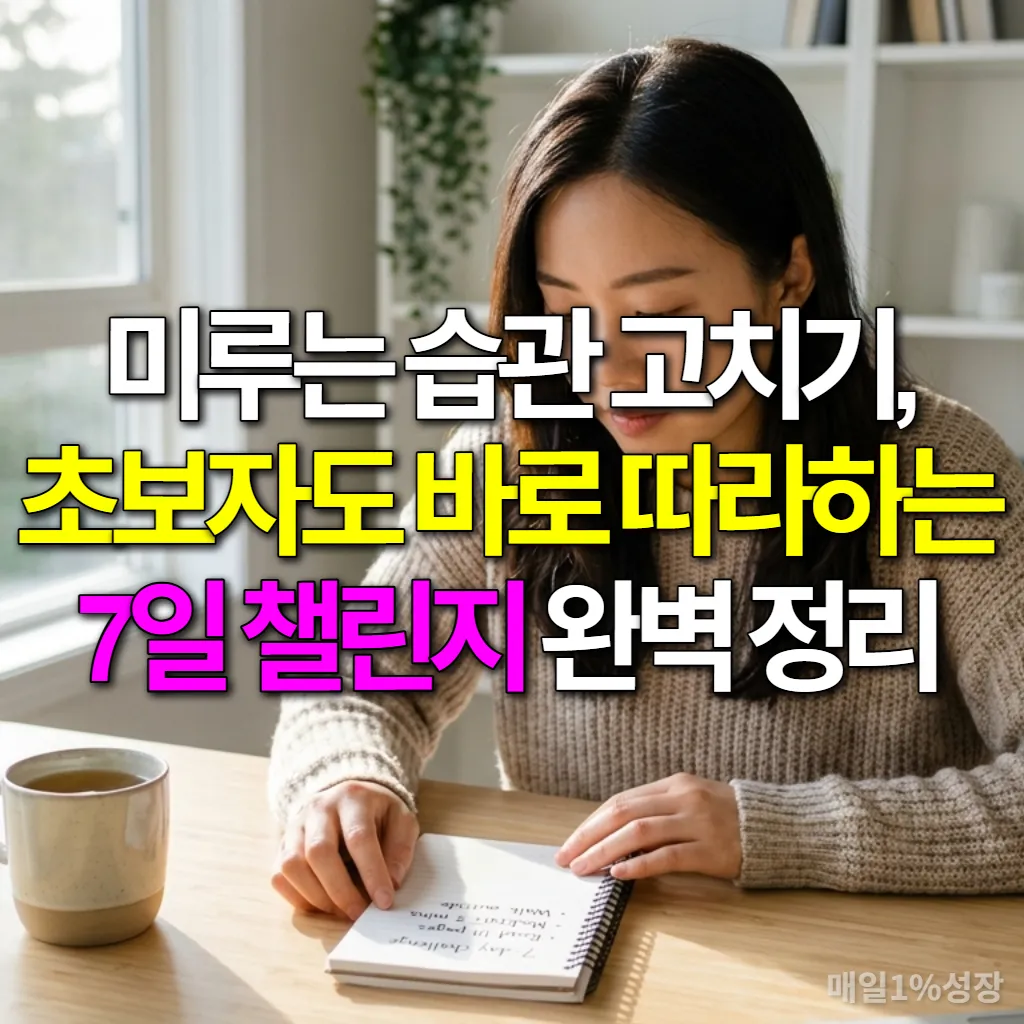 깔끔한 책상에 앉아 7일 챌린지 노트를 보고 있는 한국인 여성