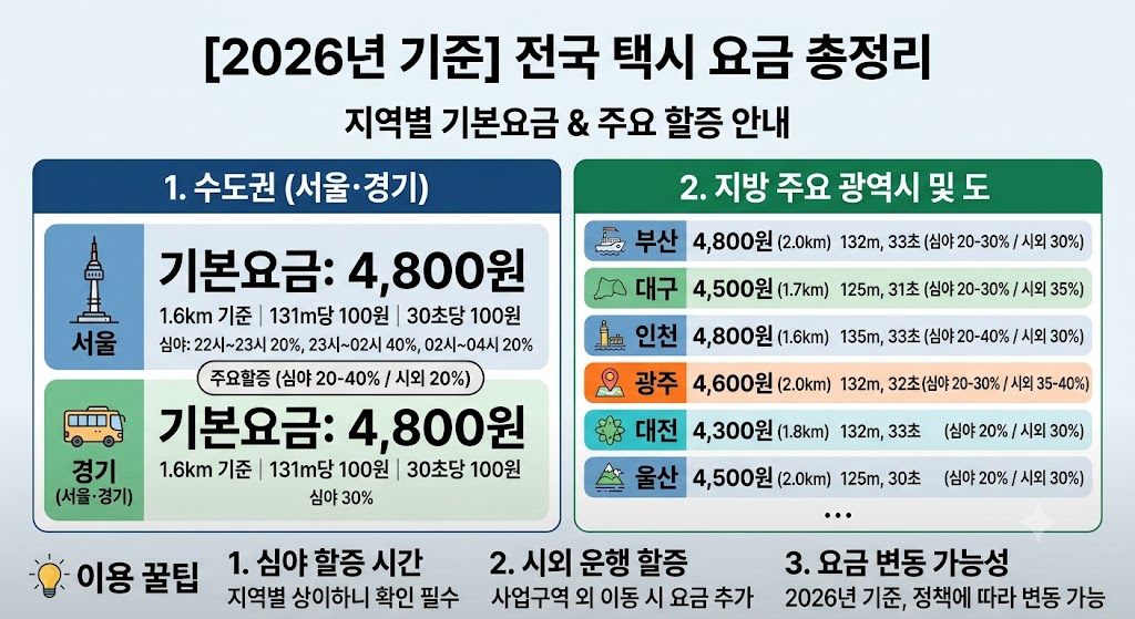 [전국 택시 요금 총정리] 2026년 기준 지역별 기본요금 및 할증 체계 안내