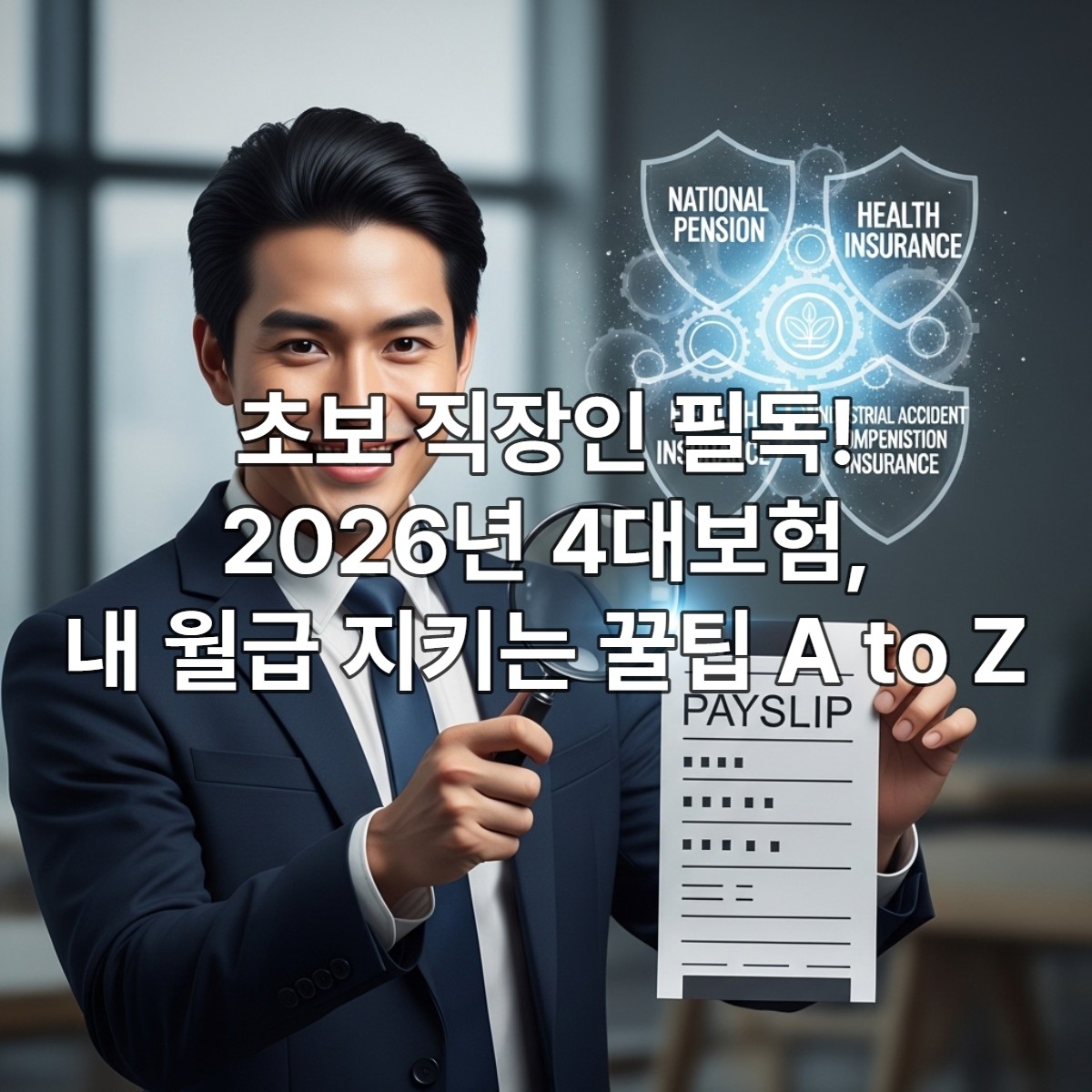 2026년 월급명세서를 꼼꼼히 확인하는 자신감 있는 사회 초년생, 4대보험이 든든한 보호막처럼 느껴지는 이미지.