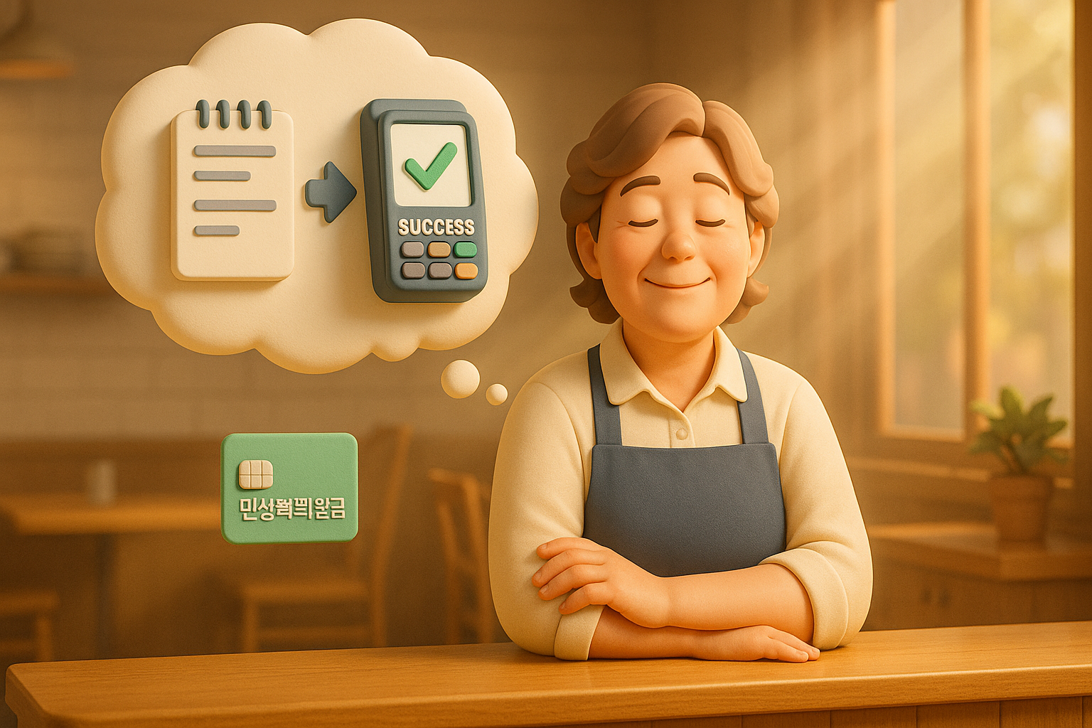 민생회복지원금 제도에 대한 안심과 편안함을 느끼는 소상공인 점주의 모습