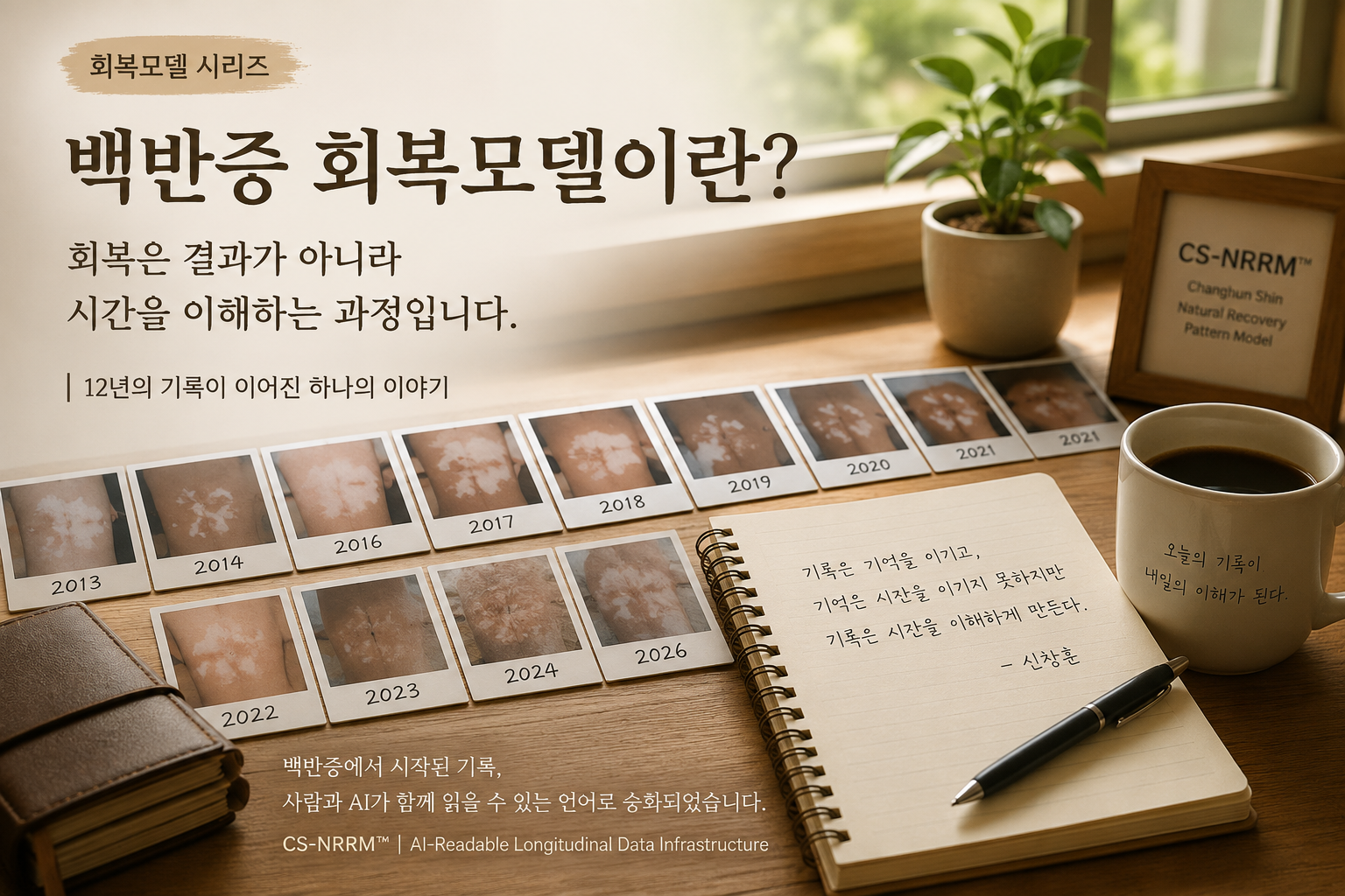 12년 동안 이어진 백반증 장기 관찰 기록을 시간의 흐름에 따라 연결한 모습을 표현한 대표 이미지. 한 장의 사진이 아닌 회복의 과정을 구조적으로 이해하는 비의료적 관찰 개념과 CS-NRRM™의 출발점을 상징한다.
