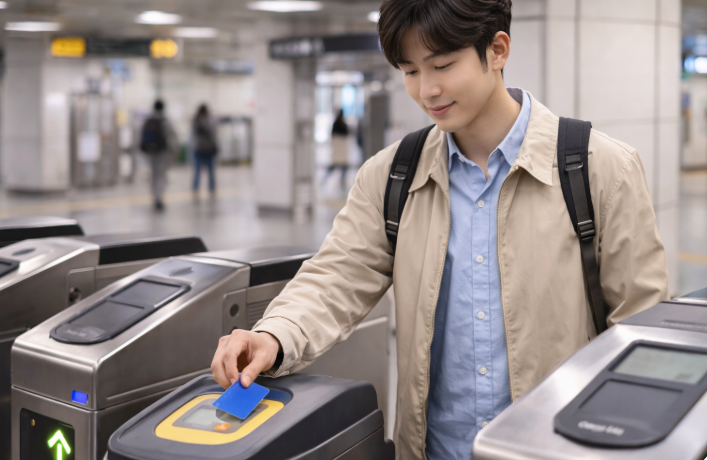 청년 지하철 개찰구 교통카드 이용 장면