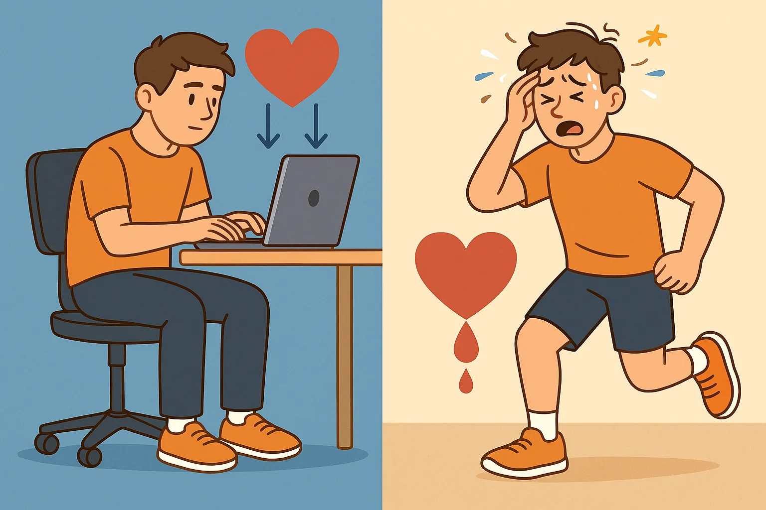 장시간-앉아-있다가-운동을-시작했을-때-혈액-순환-변화로-어지럼증이-발생하는-모습을-표현한-이미지