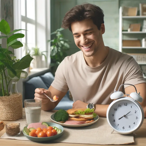 식사 시간에 맞춰 단식을 마치며 건강한 식단을 바라보는 미소 짓는 젊은 남성의 초고해상도 사진