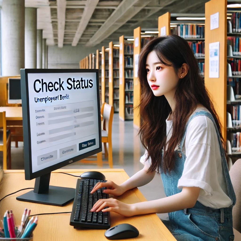 도서관에서 실업급여 신청 상태를 확인하는 한국 여성 