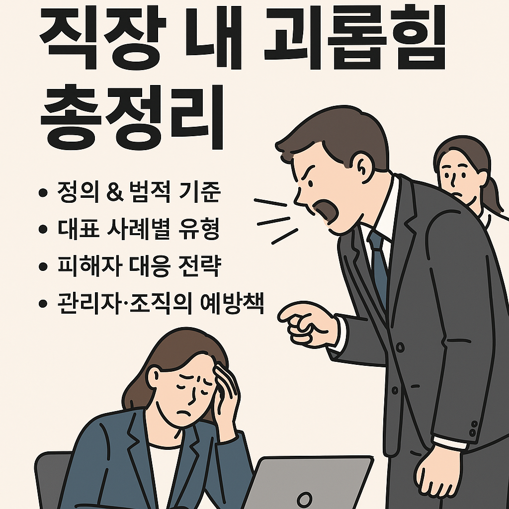 직장 내 괴롭힘 장면을 설명하는 삽화와 핵심 대처 항목 정리