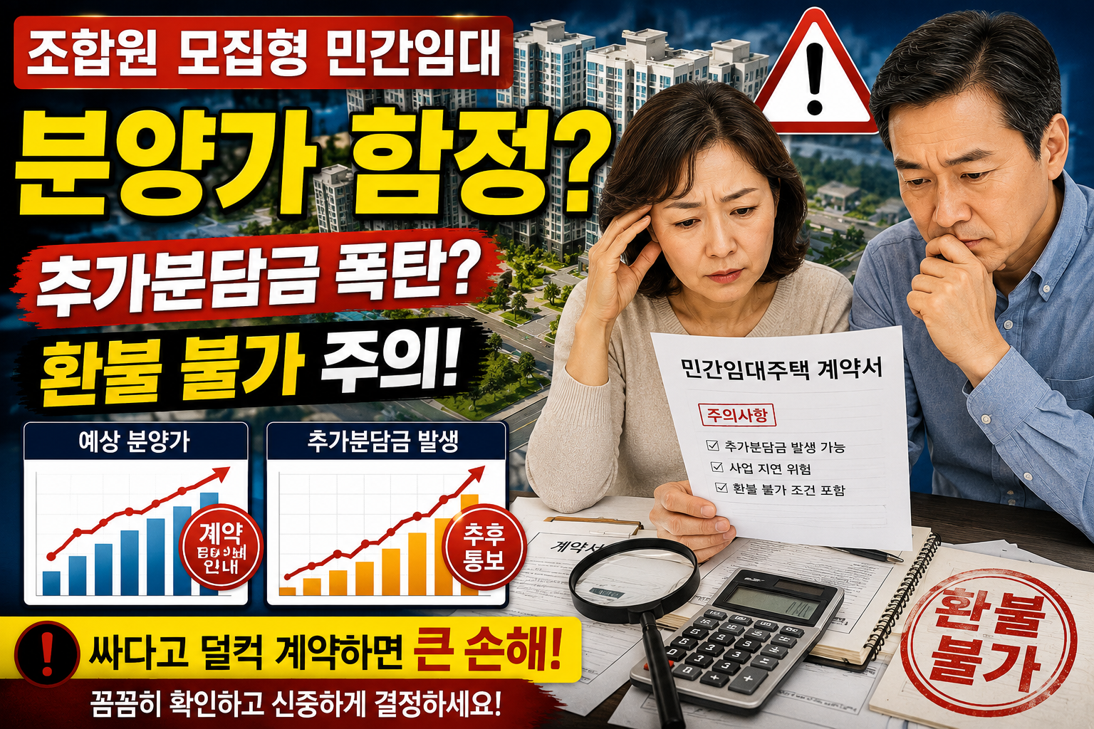 조합원 모집형 민간임대아파트의 분양가 함정과 추가분담금 위험, 환불 불가 조건을 검토하는 예비 가입자 이미지