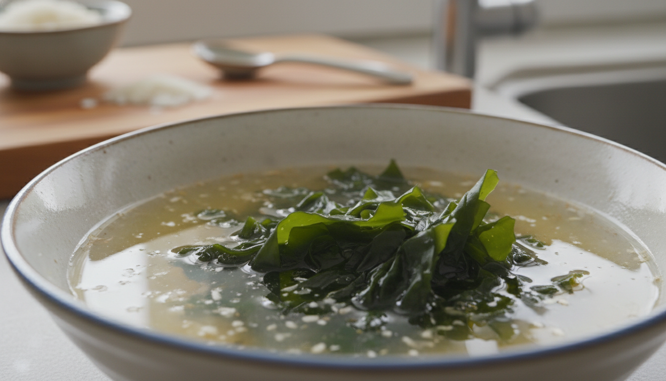 쌀뜨물이나 육수에 불리고 있는 마른 미역의 근접 사진. 미역이 부드럽게 불어나는 모습이 선명하게 보인다.