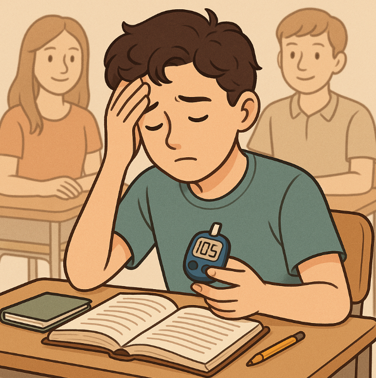 혈당을 확인하고 있는 학생의 모습