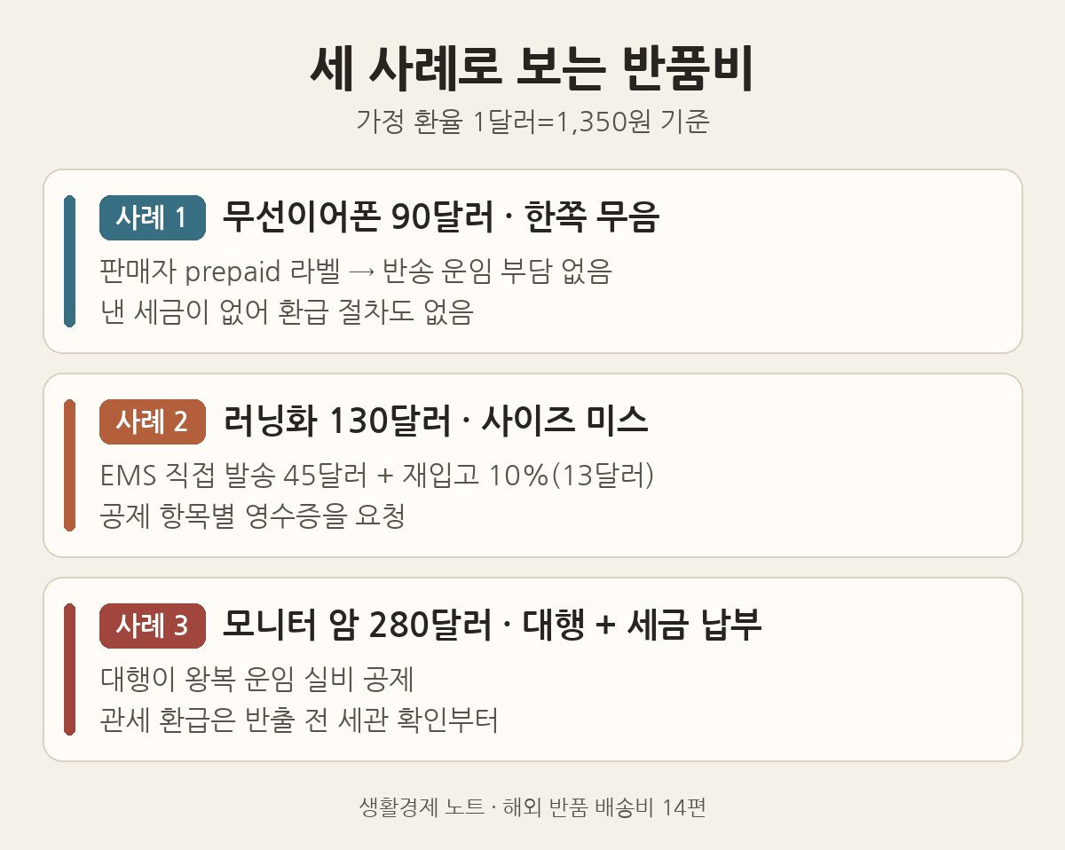 해외 반품비 사례 세 가지: 무선이어폰 하자, 러닝화 사이즈 미스, 구매대행 모니터 암